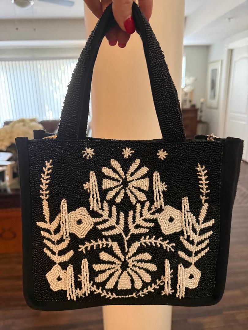 Trending Beaded Bags and Resort Collection - America & Beyond Black & White Floral Beaded Tote