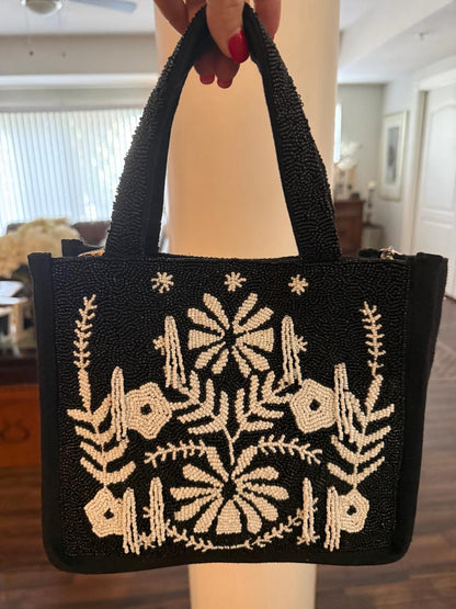 Trending Beaded Bags and Resort Collection - America & Beyond Black & White Floral Beaded Tote