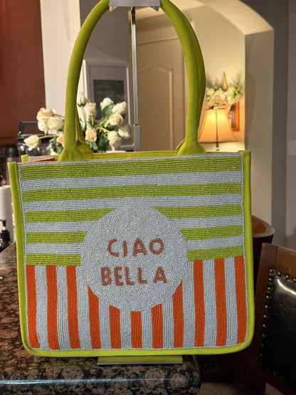 Trending Beaded Bags and Resort Collection - America & Beyond Ciao Bella Striped Yellow & Orange Tote with Crossbody Strap