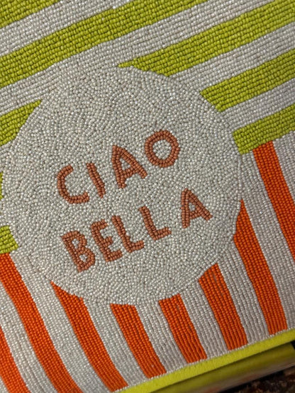 Trending Beaded Bags and Resort Collection - America & Beyond Ciao Bella Striped Yellow & Orange Tote with Crossbody Strap