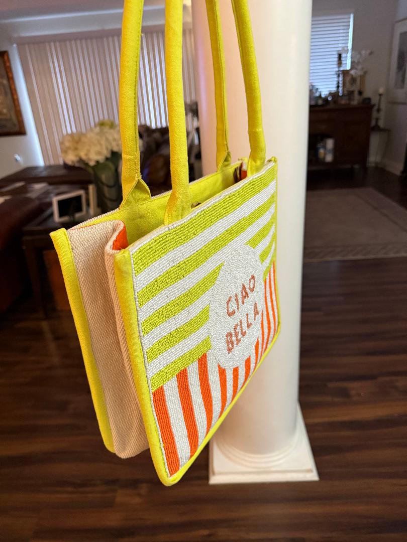 Trending Beaded Bags and Resort Collection - America & Beyond Ciao Bella Striped Yellow & Orange Tote with Crossbody Strap