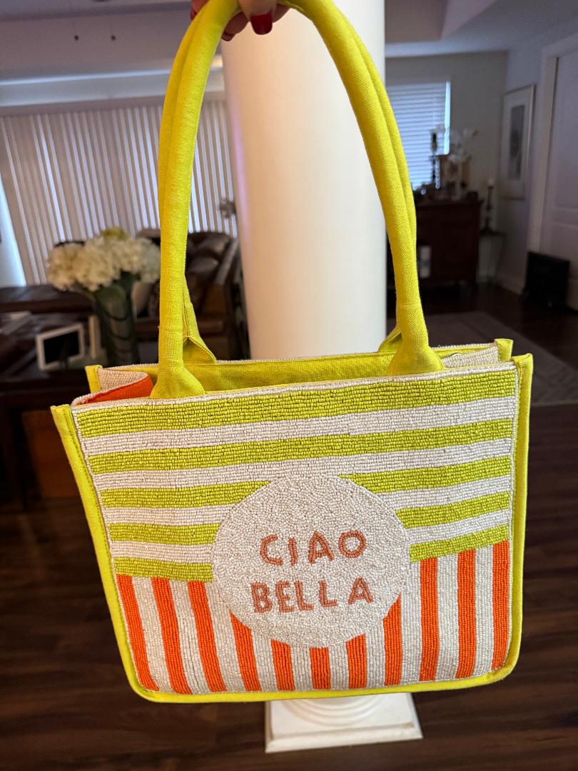 Trending Beaded Bags and Resort Collection - America & Beyond Ciao Bella Striped Yellow & Orange Tote with Crossbody Strap
