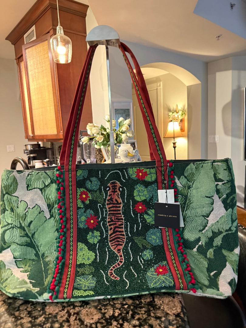 Trending Beaded Bag and Resort Collection - America & Beyond Green Floral Tiger Beaded Large Tote