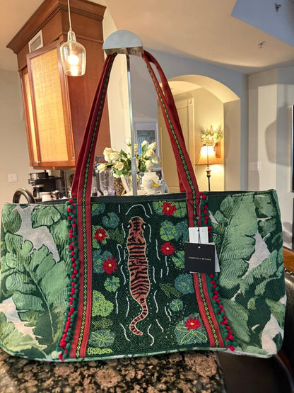 Trending Beaded Bag and Resort Collection - America & Beyond Green Floral Tiger Beaded Large Tote