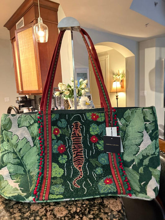 Trending Beaded Bag and Resort Collection - America & Beyond Green Floral Tiger Beaded Large Tote