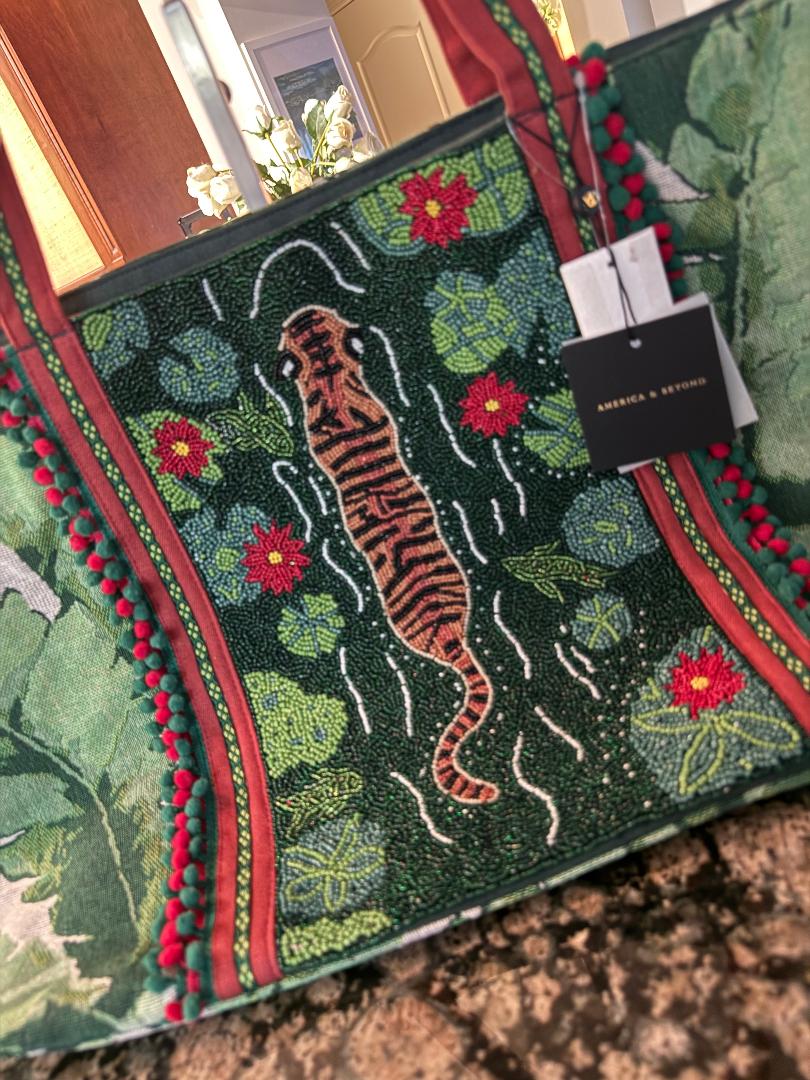 Trending Beaded Bag and Resort Collection - America & Beyond Green Floral Tiger Beaded Large Tote