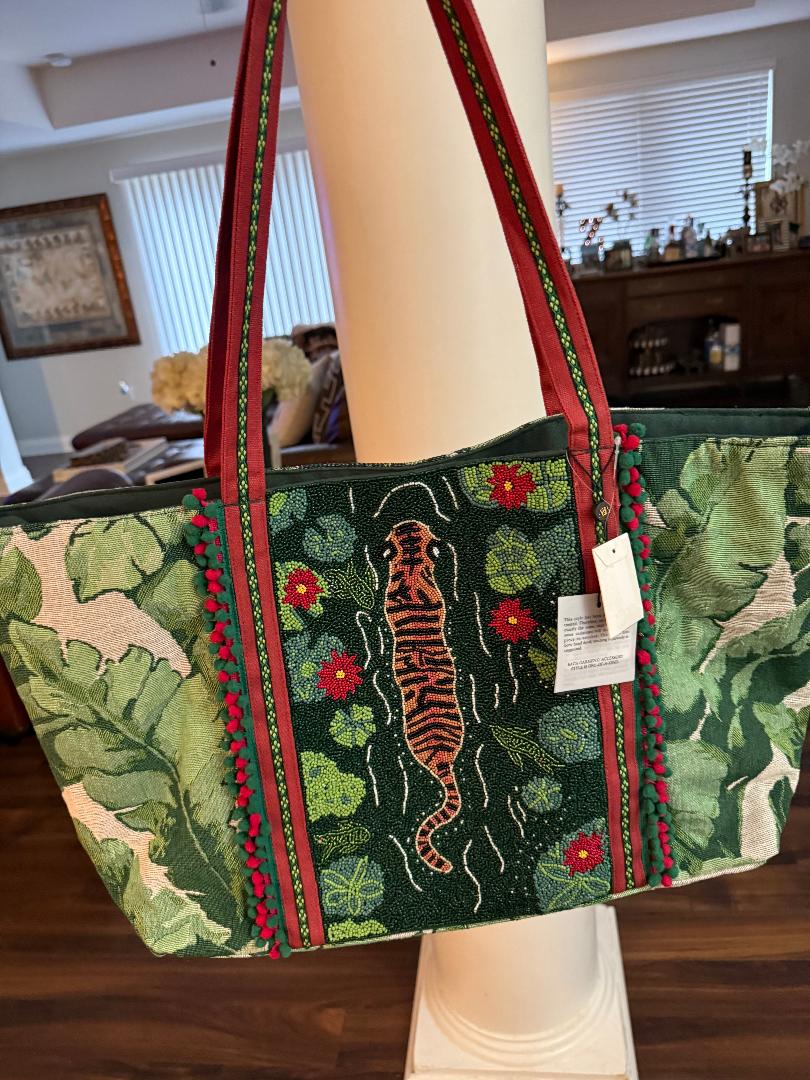 Trending Beaded Bag and Resort Collection - America & Beyond Green Floral Tiger Beaded Large Tote