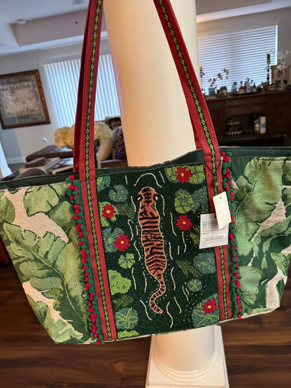 Trending Beaded Bag and Resort Collection - America & Beyond Green Floral Tiger Beaded Large Tote
