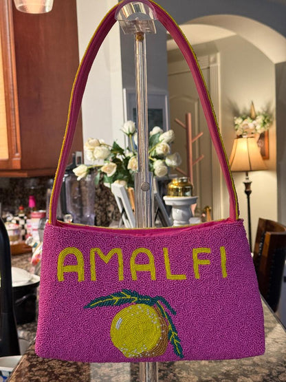 Trending Beaded Bags and Resort Collection - America & Beyond Amalfi Beaded Pink Yellow Lemon Shoulder Bag