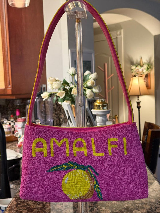 Trending Beaded Bags and Resort Collection - America & Beyond Amalfi Beaded Pink Yellow Lemon Shoulder Bag