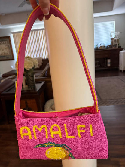 Trending Beaded Bags and Resort Collection - America & Beyond Amalfi Beaded Pink Yellow Lemon Shoulder Bag