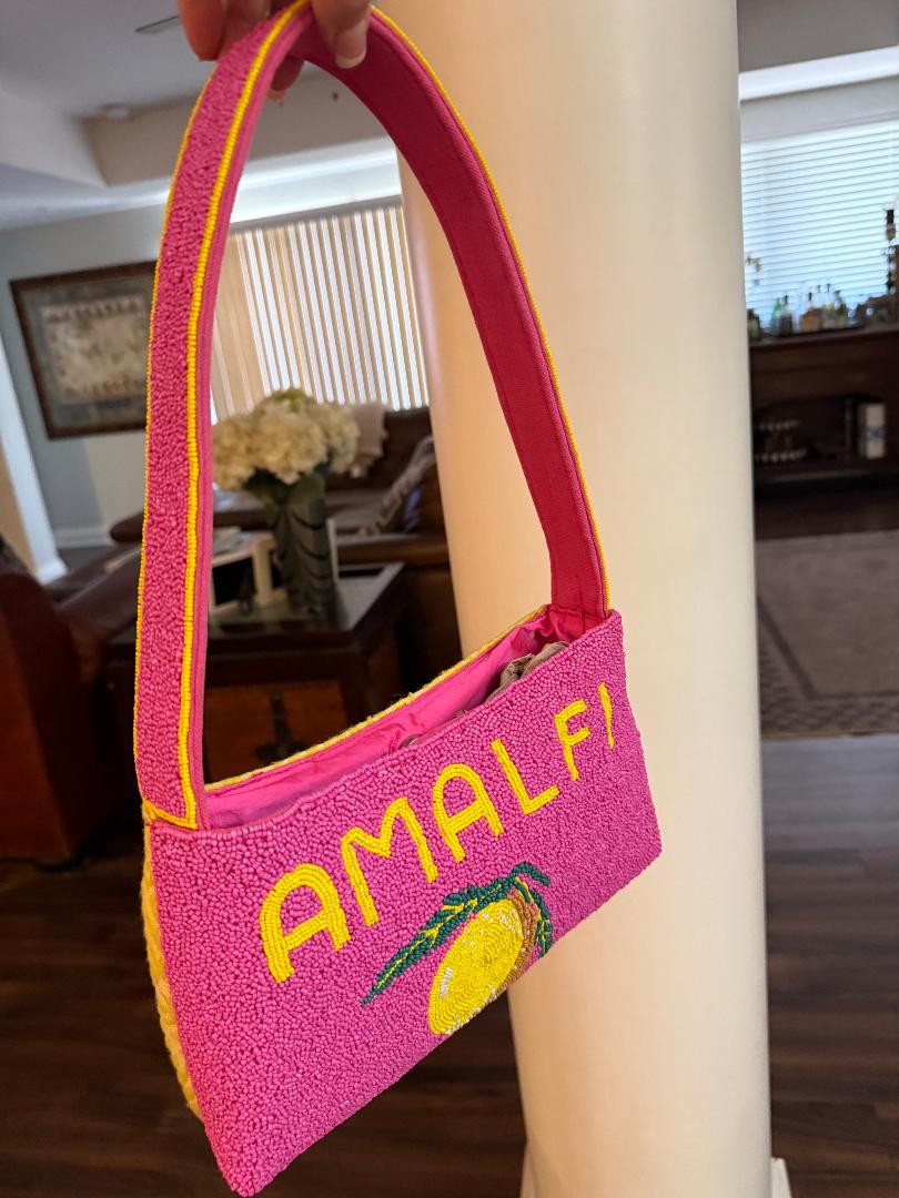 Trending Beaded Bags and Resort Collection - America & Beyond Amalfi Beaded Pink Yellow Lemon Shoulder Bag
