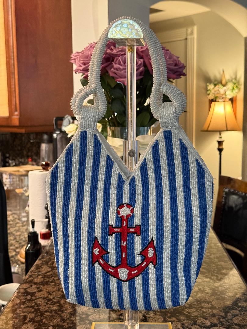 Trending Beaded Bags and Resort Collection - Blue Stripe with Red Anchor