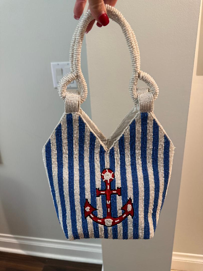 Trending Beaded Bags and Resort Collection - Blue Stripe with Red Anchor