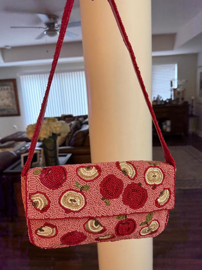 Trending Beaded Bag and Resort Collection - Red Apple Slices Beaded Shoulder Bag
