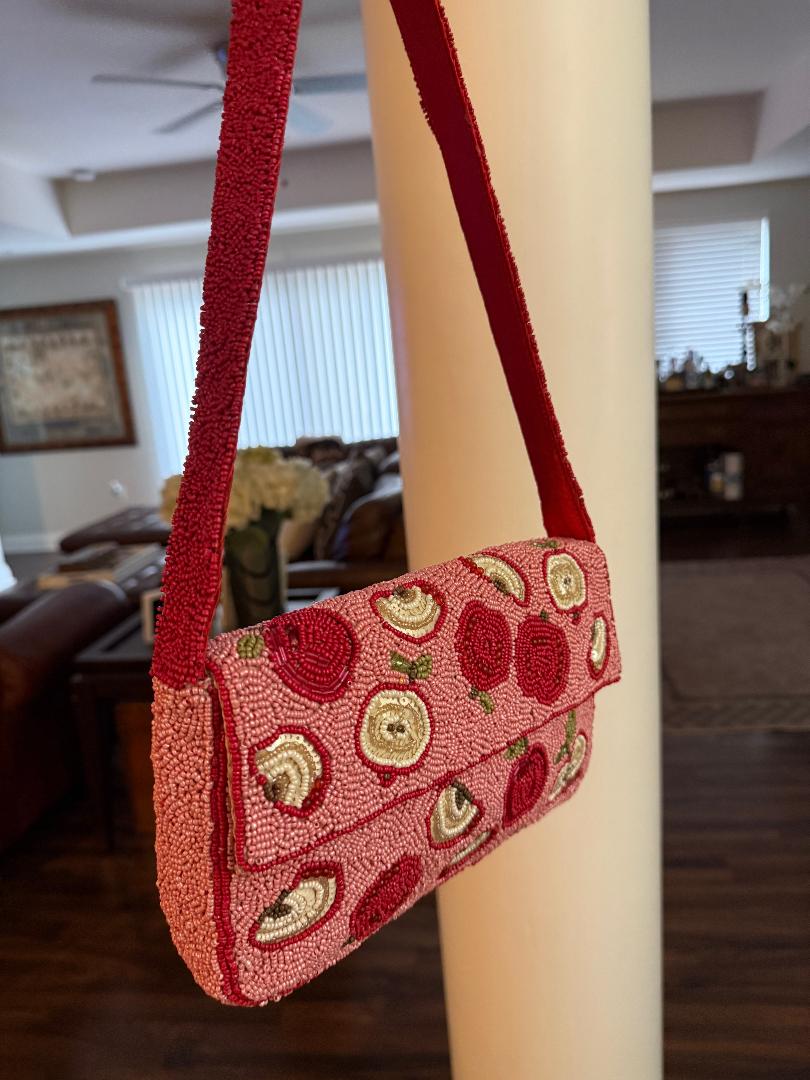 Trending Beaded Bag and Resort Collection - Red Apple Slices Beaded Shoulder Bag