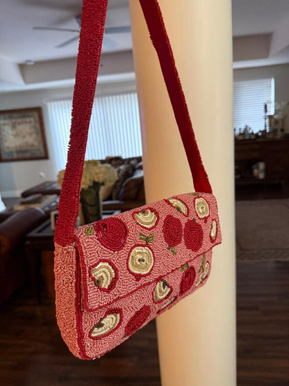 Trending Beaded Bag and Resort Collection - Red Apple Slices Beaded Shoulder Bag