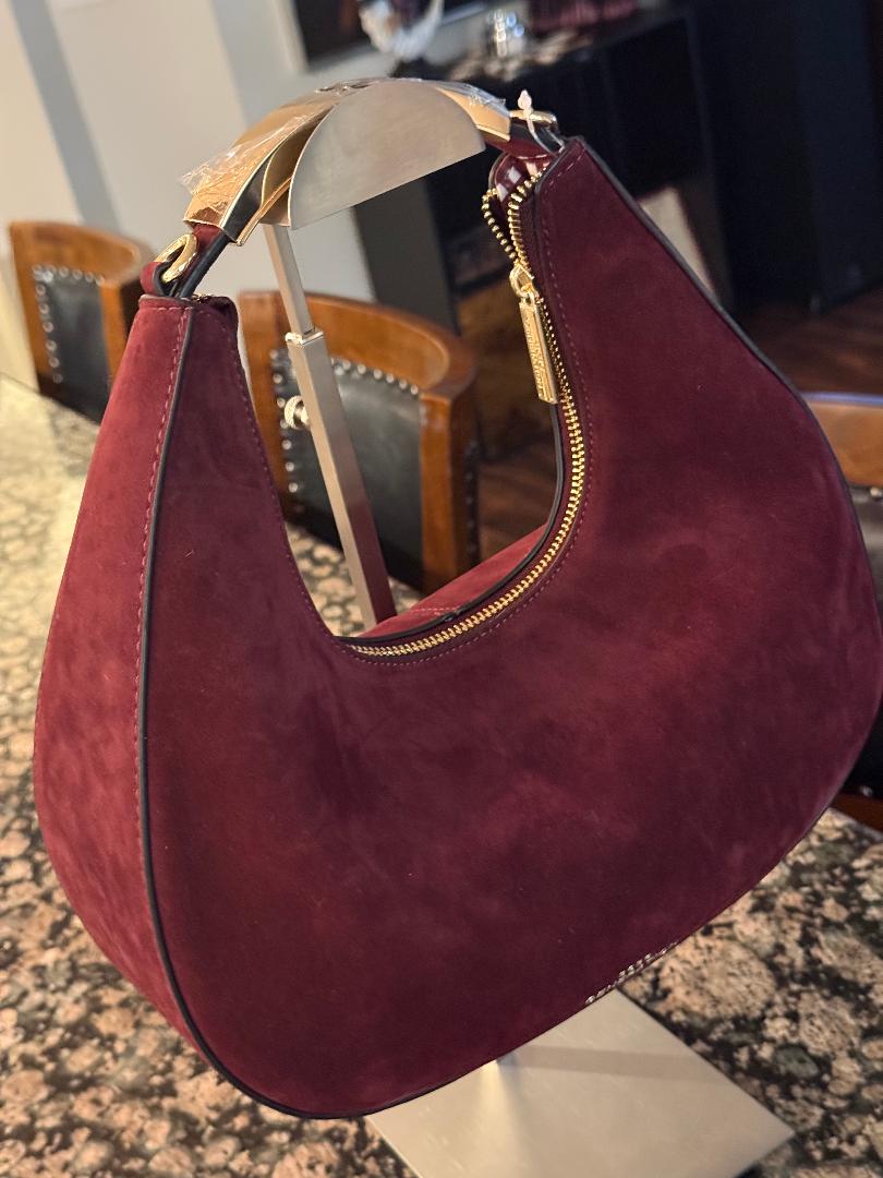 Trending Beaded Bags and Resort Collection - BCBG Suede Hobo with Gold Handle