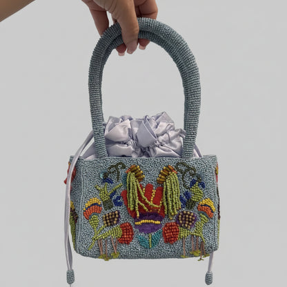 Beaded Handbag Baby Blue with colorful embroidery 