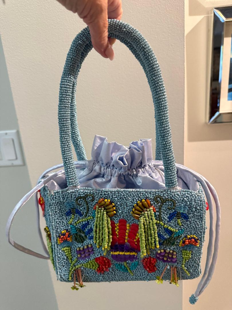 Trending Beaded Bags and Resort Collection - Baby Blue Silk Drawstring