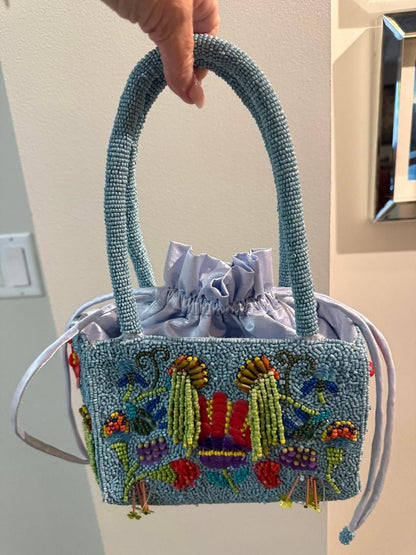 Trending Beaded Bags and Resort Collection - Baby Blue Silk Drawstring