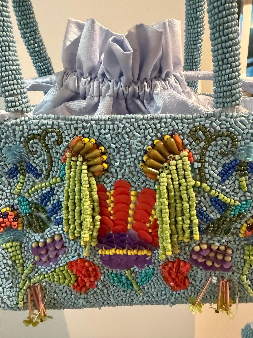 Trending Beaded Bags and Resort Collection - Baby Blue Silk Drawstring
