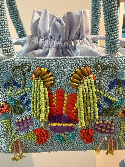 Trending Beaded Bags and Resort Collection - Baby Blue Silk Drawstring