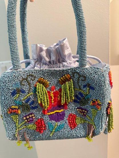 Trending Beaded Bags and Resort Collection - Baby Blue Silk Drawstring