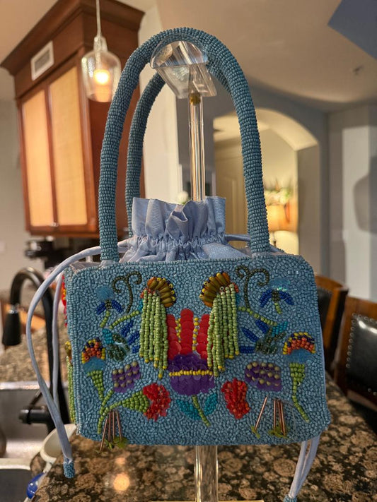 Trending Beaded Bags and Resort Collection - Baby Blue Silk Drawstring