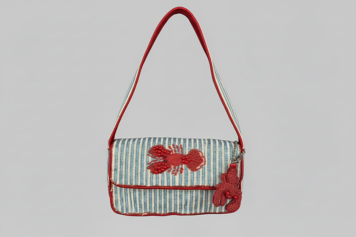 Beaded Striped handbag with a red lobster design with lobster bag charm