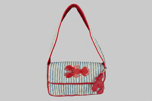 Beaded Striped handbag with a red lobster design with lobster bag charm