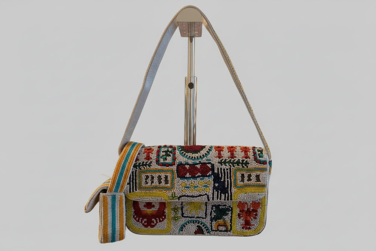 Colorful beaded lobster handbag with an extra small purse attached as a bag charm