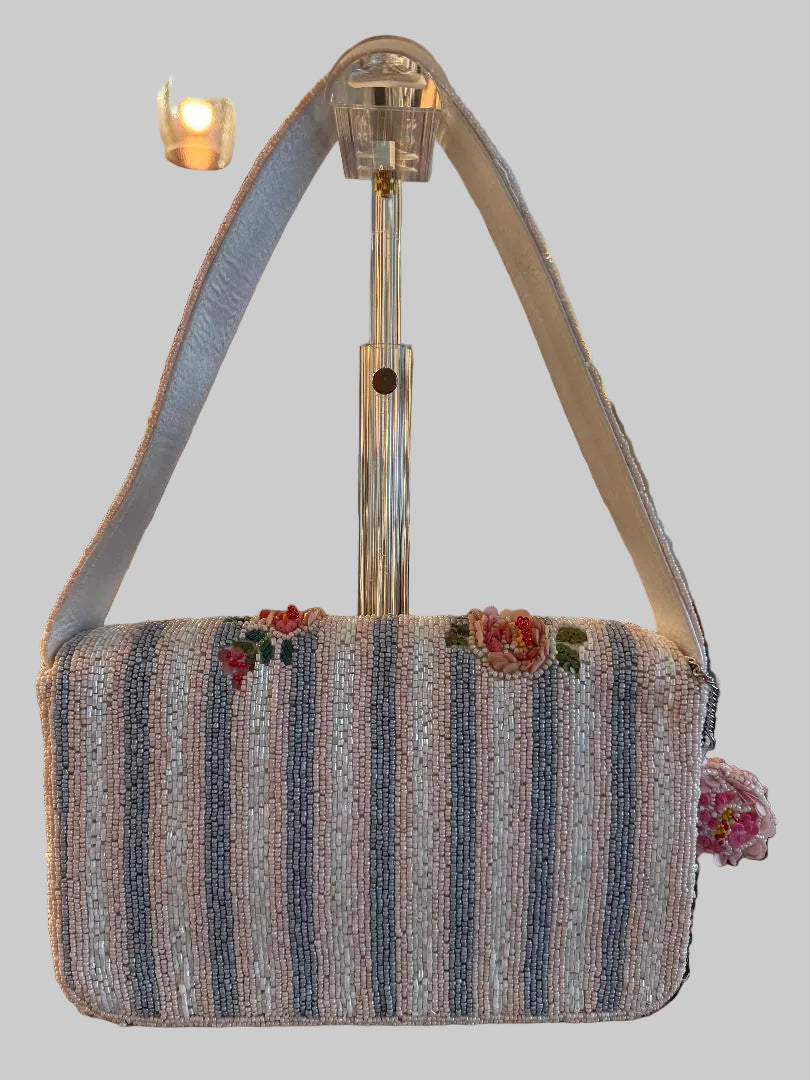 Beaded Striped handbag with pink roses floral accents 