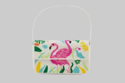 Beaded bag with flamingo and leaf pattern on a white back
