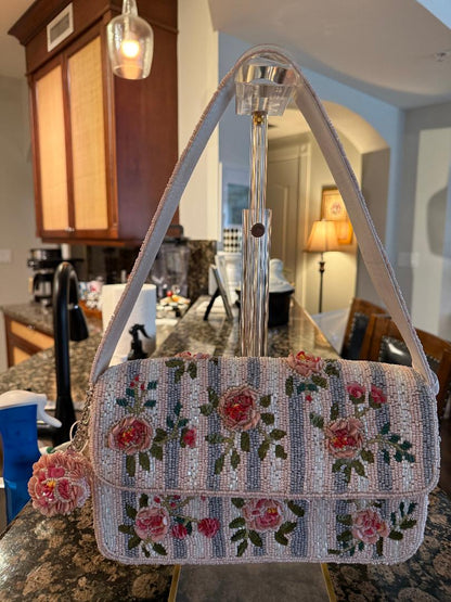 Trending Beaded Bags and Resort Collection- Pink Roses with Matching Rose Bag Charm