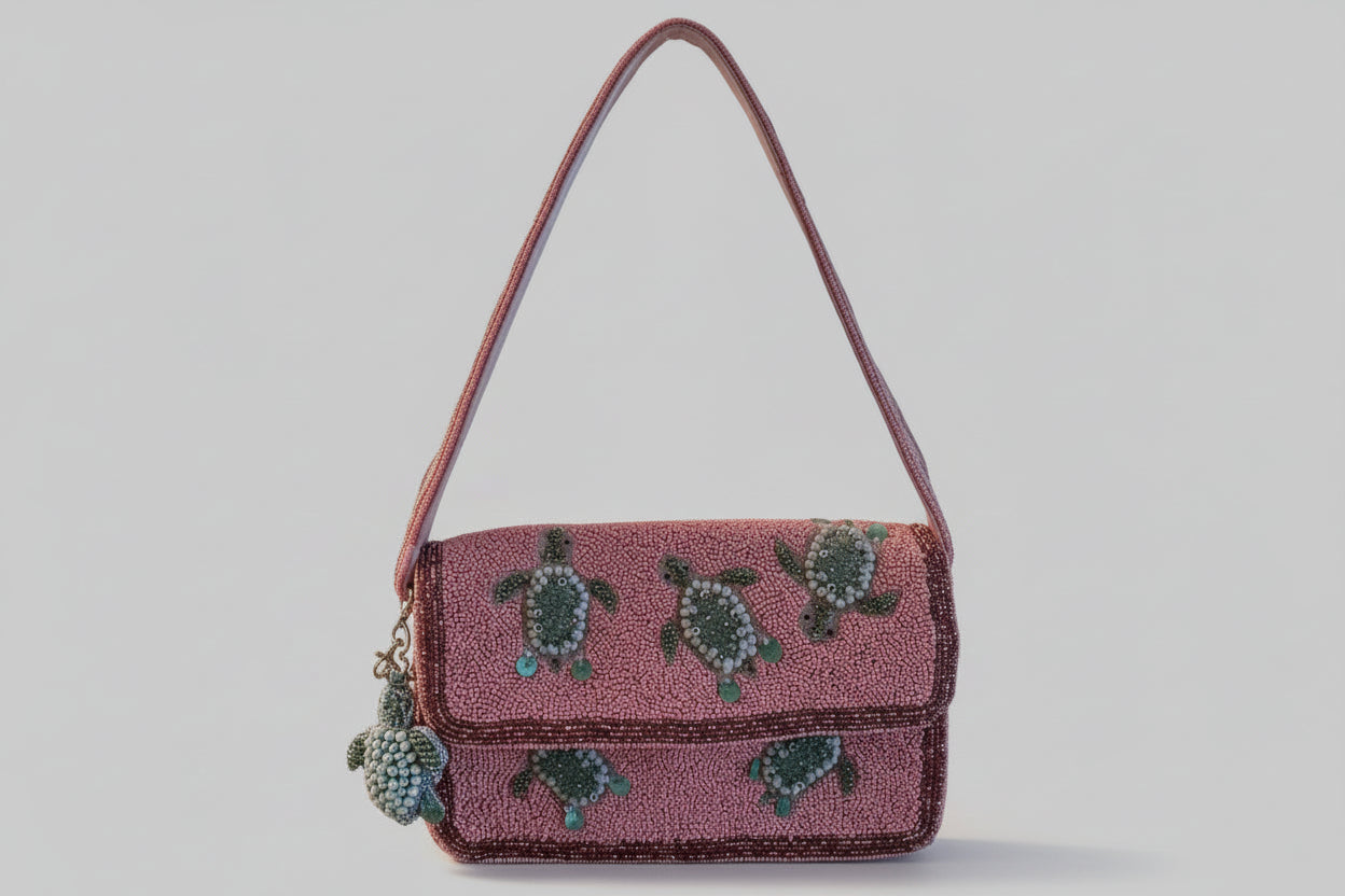 Pink Beaded Bag with sea turtles with pink bad and bag charm handbag with turtle designs 