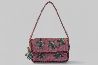 Pink Beaded Bag with sea turtles with pink bad and bag charm handbag with turtle designs 