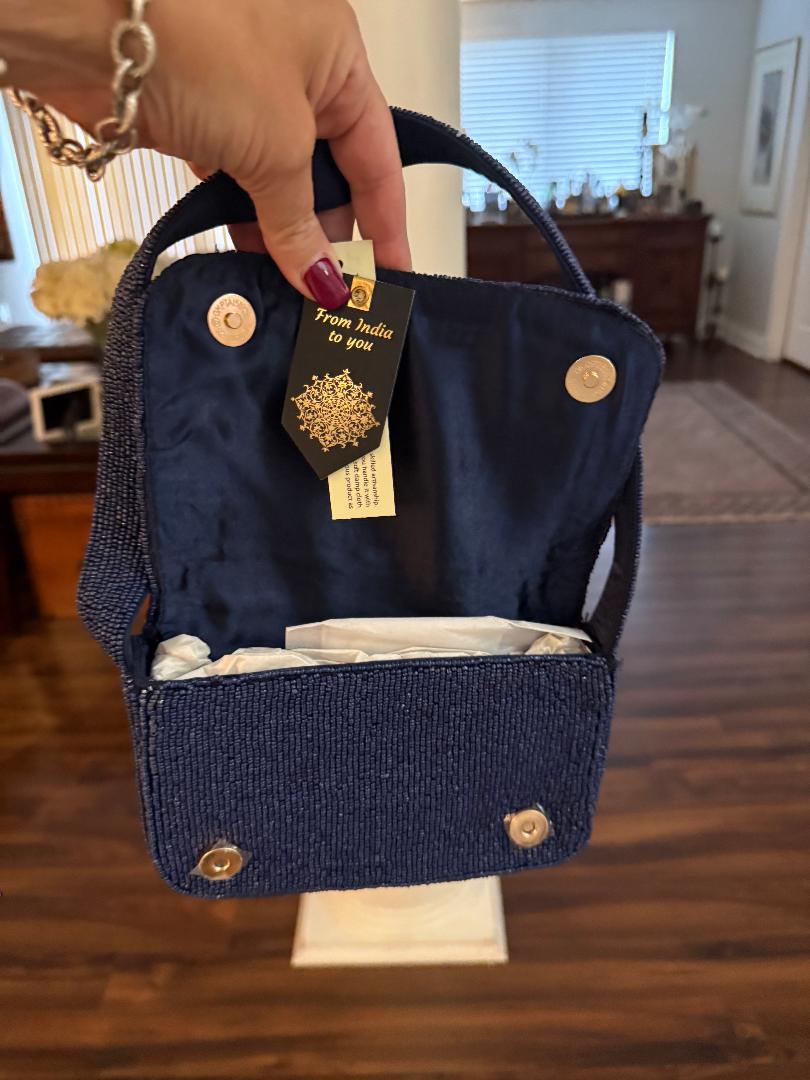 Trending Beaded Bags and Resort Collection - Navy Blue Beaded Bear Shoulder Bag