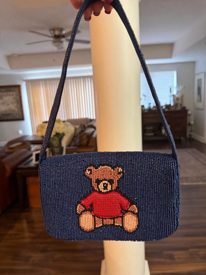 Trending Beaded Bags and Resort Collection - Navy Blue Beaded Bear Shoulder Bag