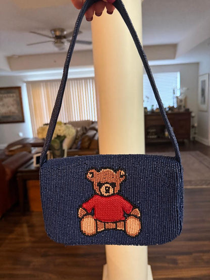 Trending Beaded Bags and Resort Collection - Navy Blue Beaded Bear Shoulder Bag