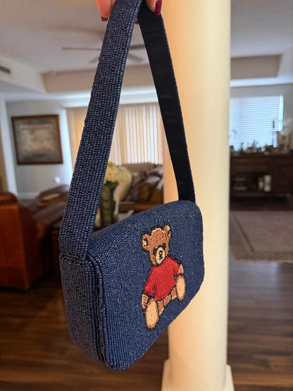 Trending Beaded Bags and Resort Collection - Navy Blue Beaded Bear Shoulder Bag