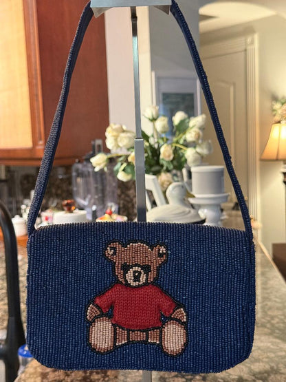Trending Beaded Bags and Resort Collection - Navy Blue Beaded Bear Shoulder Bag