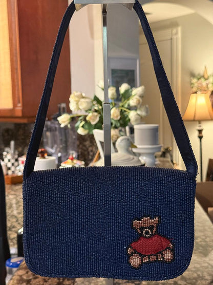 Trending Beaded Bags and Resort Collection - Navy Blue Beaded Bear Shoulder Bag
