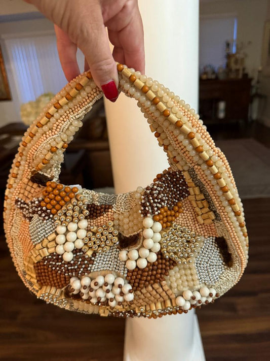 Trending Beaded Bags and Resort Collection - Beige Patchwork Beaded Clutch Bag