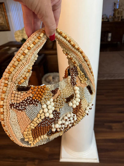 Trending Beaded Bags and Resort Collection - Beige Patchwork Beaded Clutch Bag