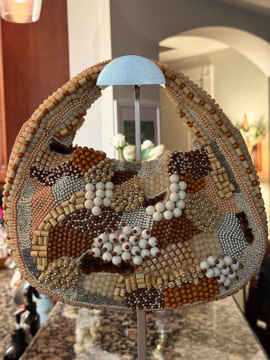 Trending Beaded Bags and Resort Collection - Beige Patchwork Beaded Clutch Bag
