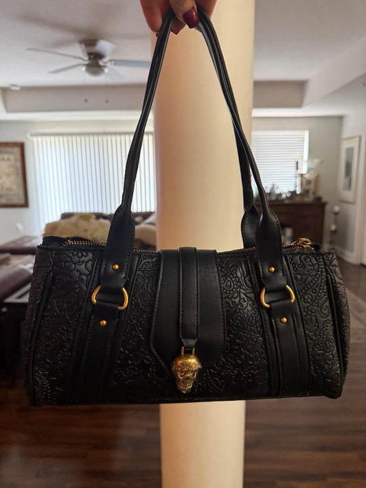 Trending Beaded Bags and Resort Collection - Betsey Johnson Black Floral & Skull Leather Tote