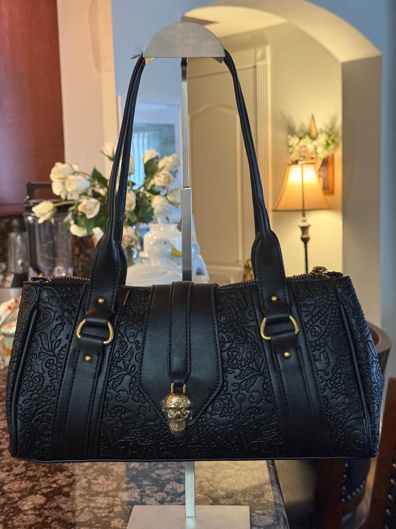 Trending Beaded Bags and Resort Collection - Betsey Johnson Black Floral & Skull Leather Tote