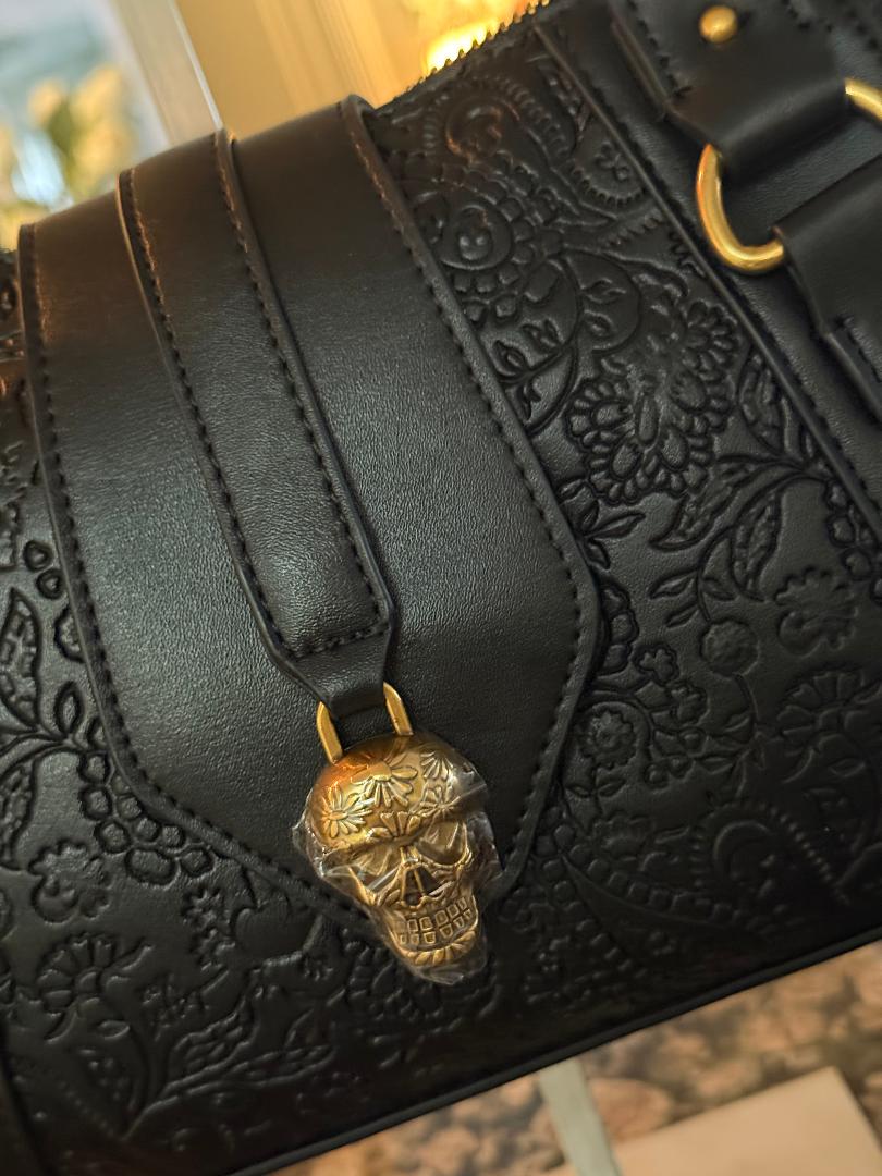 Trending Beaded Bags and Resort Collection - Betsey Johnson Black Floral & Skull Leather Tote