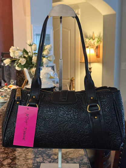Trending Beaded Bags and Resort Collection - Betsey Johnson Black Floral & Skull Leather Tote